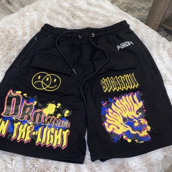 Sugarhill Black and Yellow Flat Front Shorts with Vibrant Graphics - Picture 1 of 11